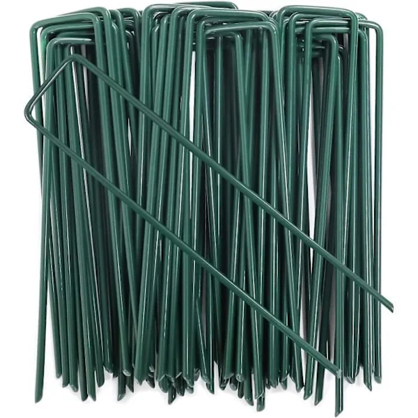 100 st galvaniserade markpinnar i stål, U-formade trädgårdsankare för marktäckväv, 150x25 mm, 3 mm, grön-FQ-
