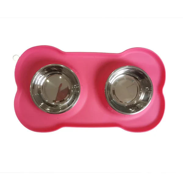 1 sæt Rosa Hundeskåle 2 Rustfri Hundeskåle med Spildfri Skridsikker Silikonemåtte + Madskåle til Fodring af Små Mellemstore Store Hunde Katte Pu