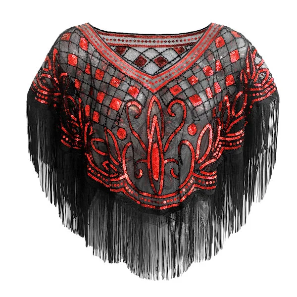 Vintage 1920-tals dam blus med paljetter, mesh, glänsande, kammusslad poncho, mesh broderad blad blus, fest, röd