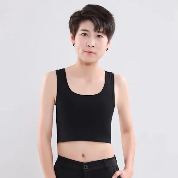 Kvinde flad brystbinder med bandage pullover halv længde korset lingeri transboy lesbisk trans undertøj vest brystbinder sort