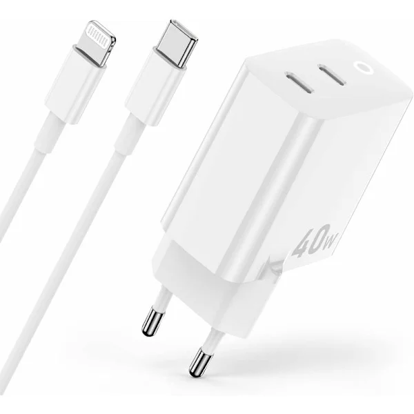 40W iPhone-laddare 14 13 12 11, Apple MFi-certifierad 2-portars 20W USB C-strömadapter Snabb laddare med 2 m iPhone Lightning-kabel för iPhone