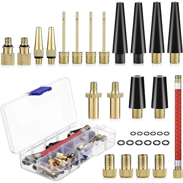 Bike Pump Nozzle, 33 Pieces Balloon Pump Nozzle, DV SV AV Bike Pump Adapter with Storage Box, Valve Adapter with Inflation Hose