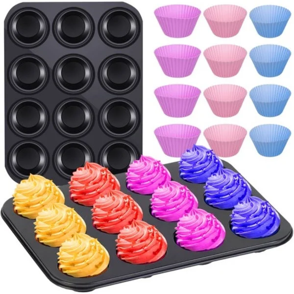 Bakplåt + 12 Silikon Muffinsformar / Bullformar - Flerfärgade Formar