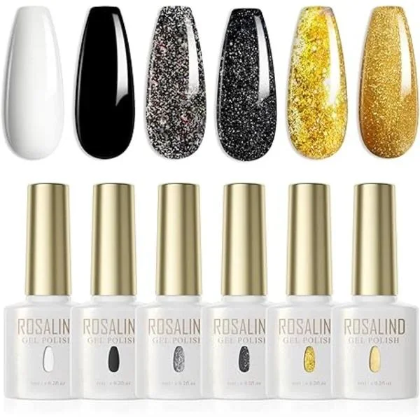 -neglelak sæt Glitter farve 6 farver Hvid Sort Glitter Grå Sort Guld Gel Neglelak Sæt