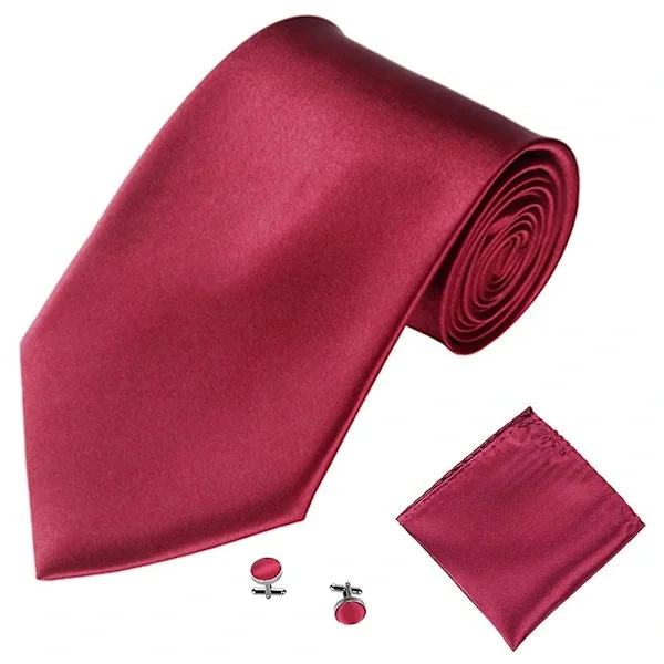 Men's Solid Color Suits Ties Cufflinks Handkerchief Set Tuxedo Suit Wine Red (Ties Only)[ZHE]