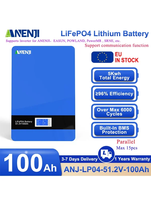 AliExpress - ANENJI Powerwall LiFePO4 batterie 48V 100AH une cellule 6000 Cycles 51.2V 5KWH avec CAN RS485 16S BMS pour le stockage d'énergie solaire 