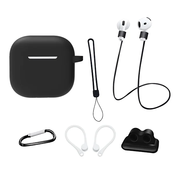 För AirPods 4 6 i 1 Tillbehör Fodral Rem Hållare Öronkrokar Nackrem Nyckelring - Svart