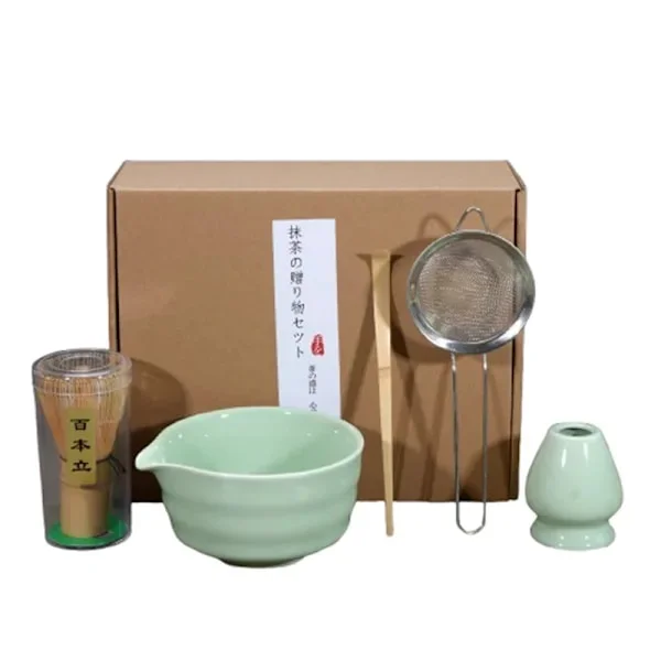 Japansk Matcha Te Sæt 5 Dele Keramisk Skål Bambus Piskeris Og Ske Med Si Til Hjemmegave Turkis