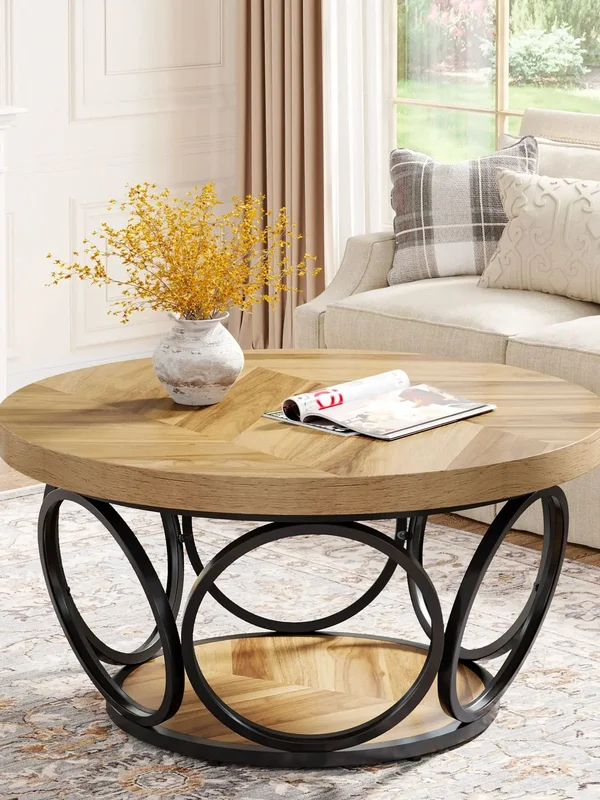 AliExpress - Tribesigns runder Couchtisch, 80 cm runder Holztisch, großer runder Bauernhaus-Couchtisch mit 2-stufigem Stauraum