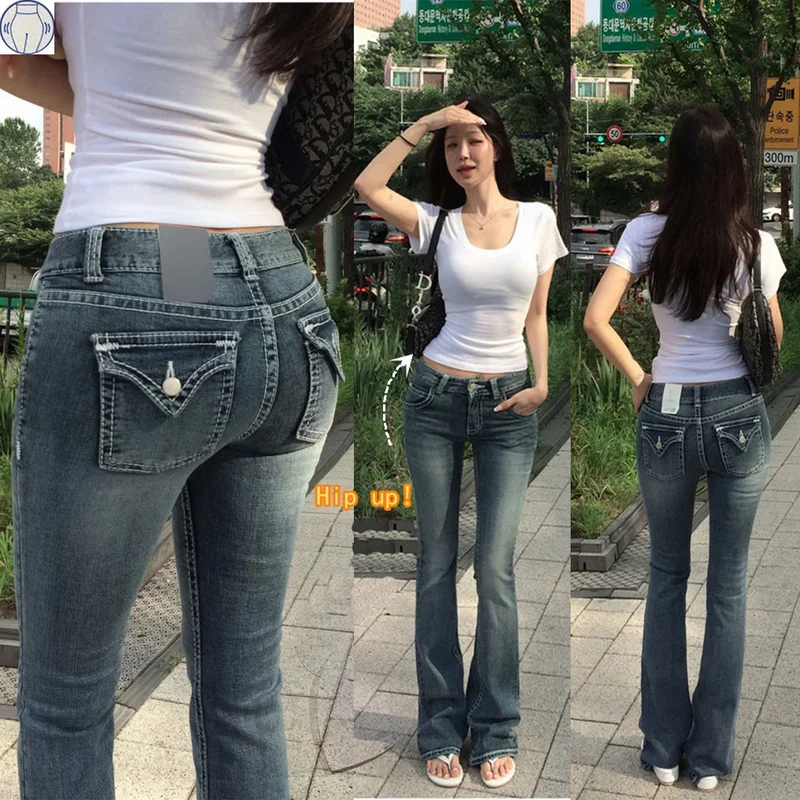 AliExpress - Gothic Buddha Head Damen Jeans Y2K Kleidung Hip Hop Taschenstickerei Vintage Blaue Baggy Jeans Niedrige Taille Weite Beinhose