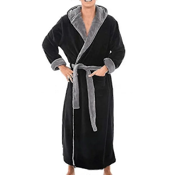 Herre Fleece Lang Morgenkåbe Hætte Badekåbe Nattøj-XL-Sort Grå