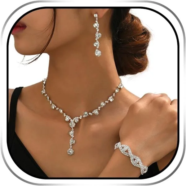 JamY Home Rhinestone Øreringe - Funklende Sølv Øreringe & Armbåndssæt til Fest, Gallafest eller Hverdagsbrug