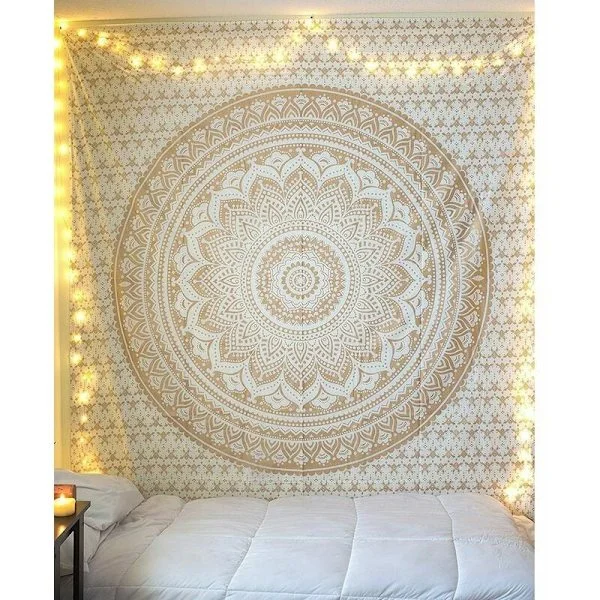 Mandala veggteppe, indisk veggteppe, Mandala veggteppe, gull, bohemsk stoff, veggteppe for soverom fra Rajrang