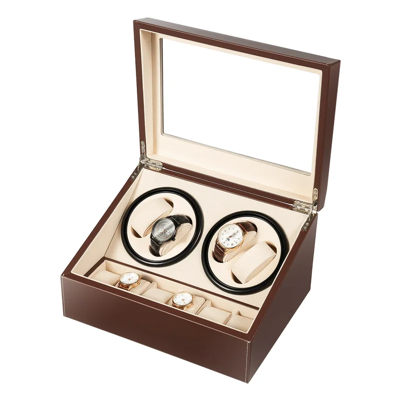 AliExpress - 4+6 slots automatische watchwinder, PU-leer glazen blad bidirectionele rotatie horloge display box sieraden opbergdoos, bruin/zwart