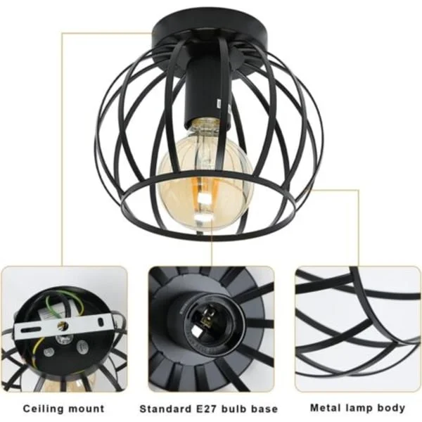 Vintage industriell taklampa, retro burdesign E27 taklampa, taklampa i metall för kök, sovrum, entréhall (svart)
