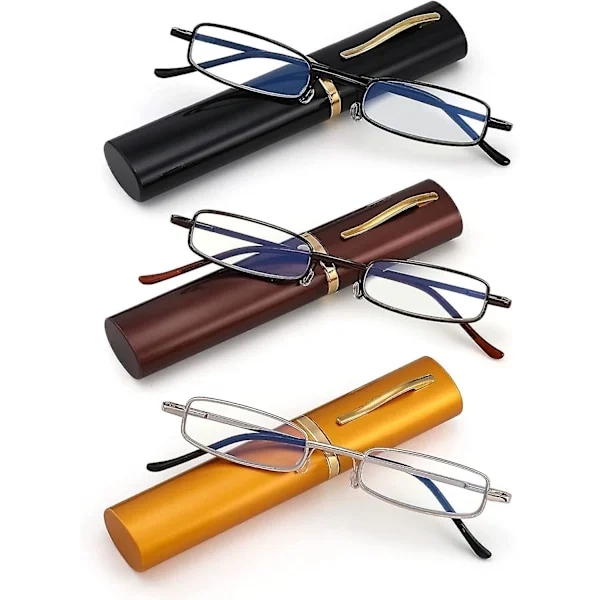 3-pack smala fickläsare för män och kvinnor, blått ljusblockerande, kompakta läsare med fjädergångjärn, metallram, glasögon med bärbar pennklämma, tub