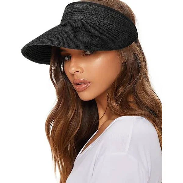 Women's Wide Brim Sun Hat, UV Protection Packable Beach Hat with Ponytail Opening, Summer Outdoor Travel Visor Black