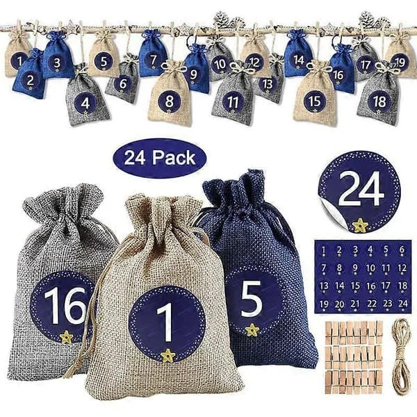 24 Fyllbara Adventskalender Tygpåsar Adventskalender för Män Kvinnor Barn med 1-24 Klistermärken Julklappspåse