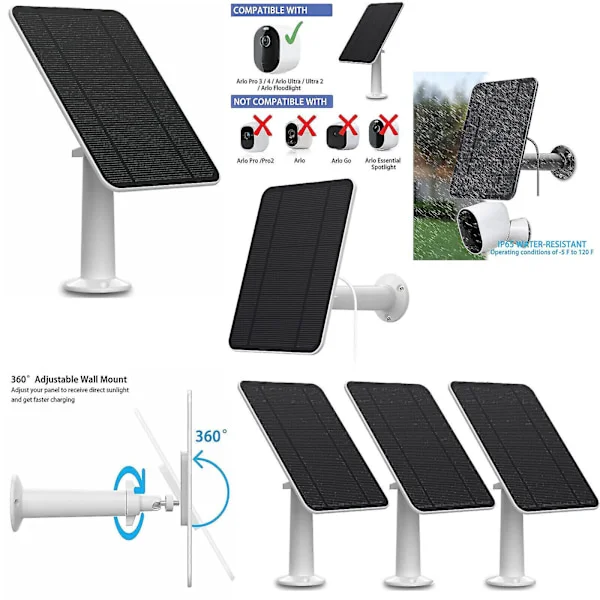 Solpanel opladning til Arlo Ultra/ultra 2/ pro 3/ pro 4/ pro 3 spotlight/go 2 4w
