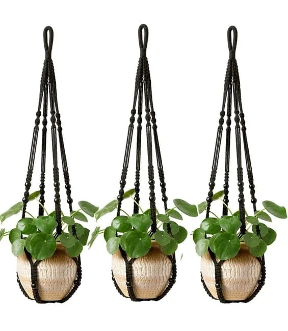 Bohemisk Makramé Växthängare - Flätad Korg med Pärlor och Spets, Hängande Blomkruka för Inomhusväxter, Dekorativ och 89 cm Lång svart-FS-