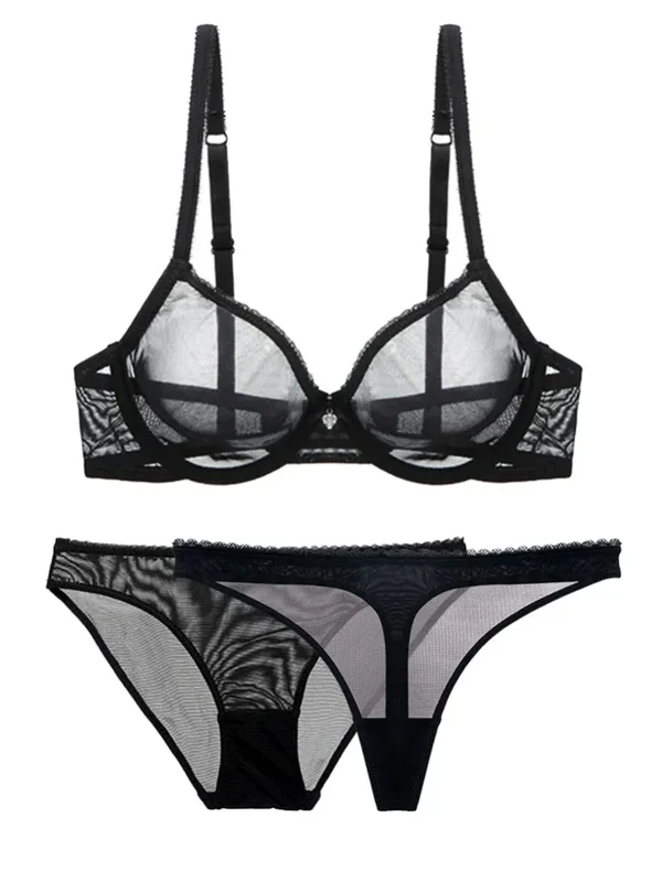 AliExpress - Ultradünne Cup-Mesh-Spitzenunterwäsche, transparent, ungefüttert, 1 BH + 2 Höschen, BH-Set in Übergröße für Damen