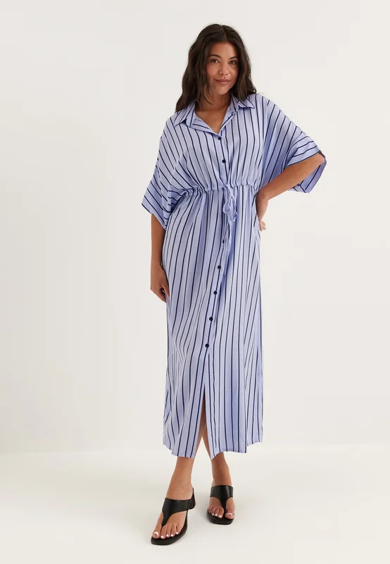 BUBBLEROOM - Drawstring Viscose Shirt Dress - Blue/Striped