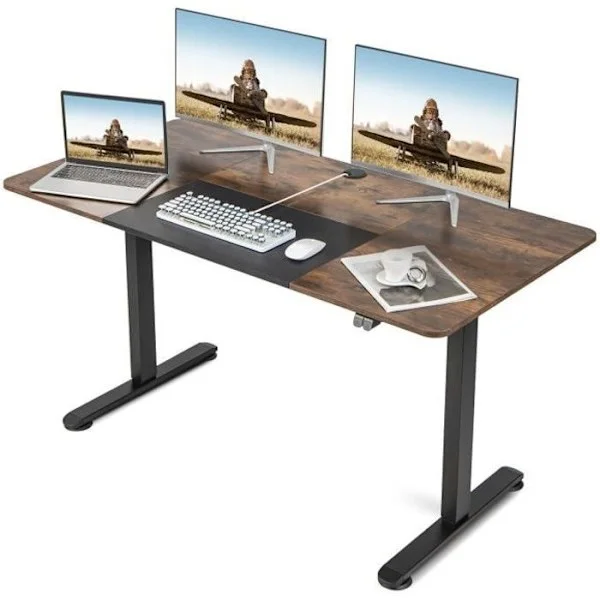 COSTWAY Sähkökäyttöinen Säädettävä Pöytä, 140 x 70 x 72-116 cm, Korkeussäädettävä Pöytä, Yksi Moottori, Rustiikkinen
