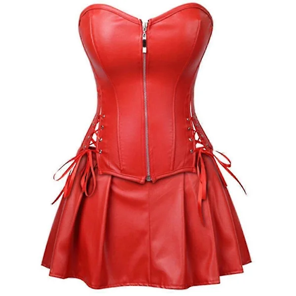 【BEMS】Rød Svart Faux Skinn Korsettkjole Overbrystet Benet Basque Miniskjørt Sexy Undertøy Bodyshaper Slimsuit Nattøy S-6xl Plus Size Rød