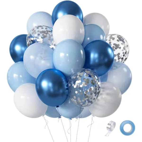Blå Ballongset, 60 Stycken Ballonger, Ljusblå Ballonger, Blå Vit med Metalliska Blå Ballonger, Konfettiballonger för Bröllop-FA-