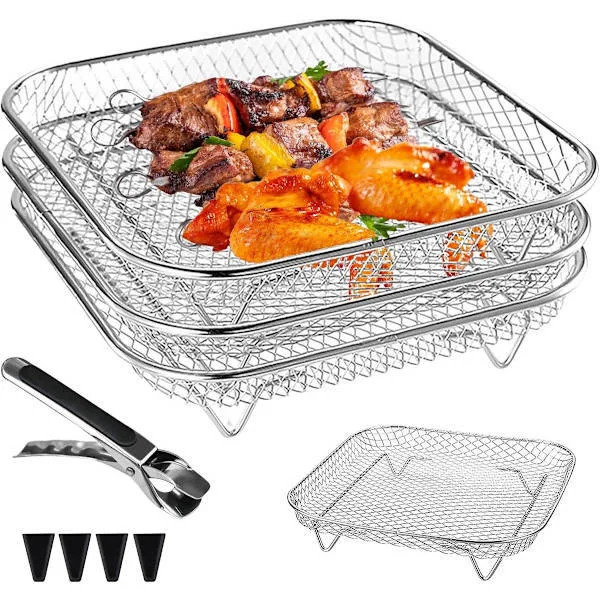Airfryer-rist, 3-delt Airfryer-tilbehør, 3-lags stabelbar Airfryer-rist, Airfryer-tilbehør, til ovn, Airfryer-tilbehør, firkantet