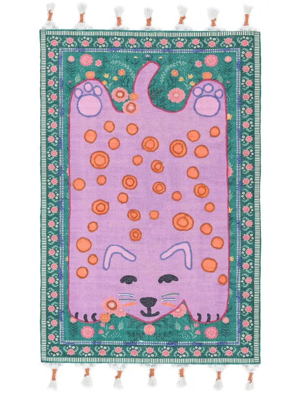 Kids Rug Wool Animal Lo Cat Embroidery Pink/Multicolor Small