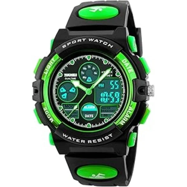 Digital Barnklocka LED Utomhussport 50M Vattentäta Klockor Pojkar Analog Kvarts Armbandsur med Alarm - Grön