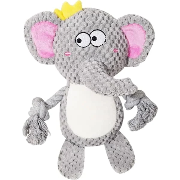 Myk hundeleke med pip og rangle – tyggevennlig leke for valper og små hunder Grå elefant