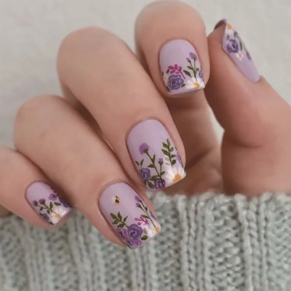 24x Korte Firkantede Kunstige Negle Blomster Kunstige Negle Blankt Tryk På Negle