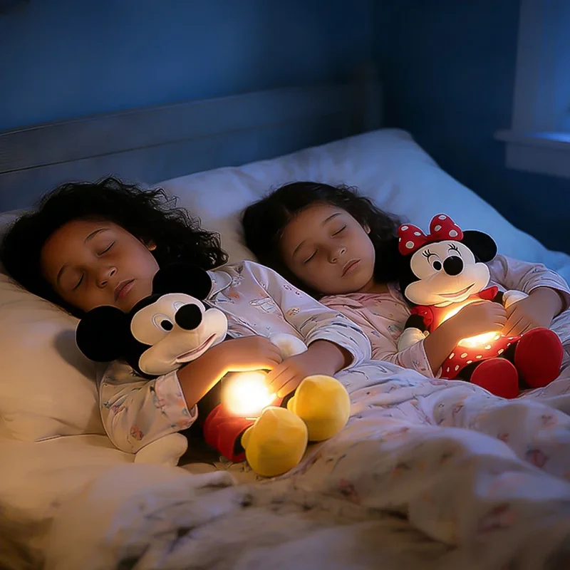 AliExpress - Disney Mickey & Minnie Peluche poupée souffle enfant Peluche apaiser jouet Anime bébé musique lumière chambre décoration sommeil jouets 
