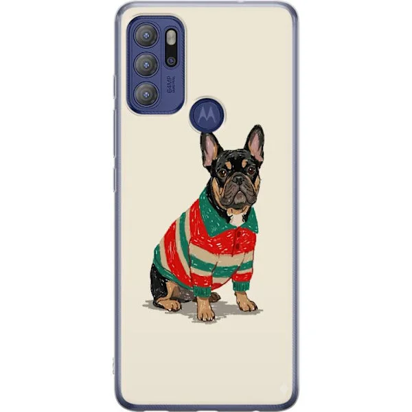 Kompatibelt Mobildeksel til Motorola Moto G60S Søt bulldog i rød og grønn stripete genser med tegneseriestil og sjarmerende hundemotiv