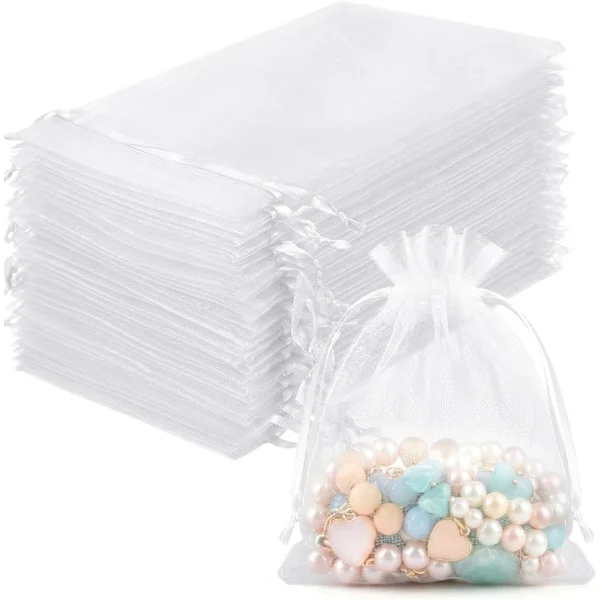 100 st organzapåsar, 10x15cm vita organzapåsar för smycken, presentpåsar med dragsko, tyllpåse, för bröllopsdekorationer smycken