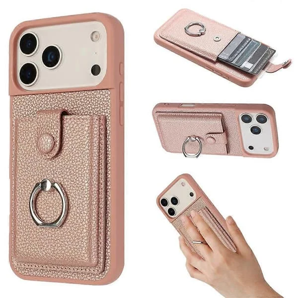 Yhteensopiva iPhone 17 Pro Max -kuoren kanssa, jossa on rengasjalusta, vetokorttipaikat, nahkainen takakansi (ruusukulta)