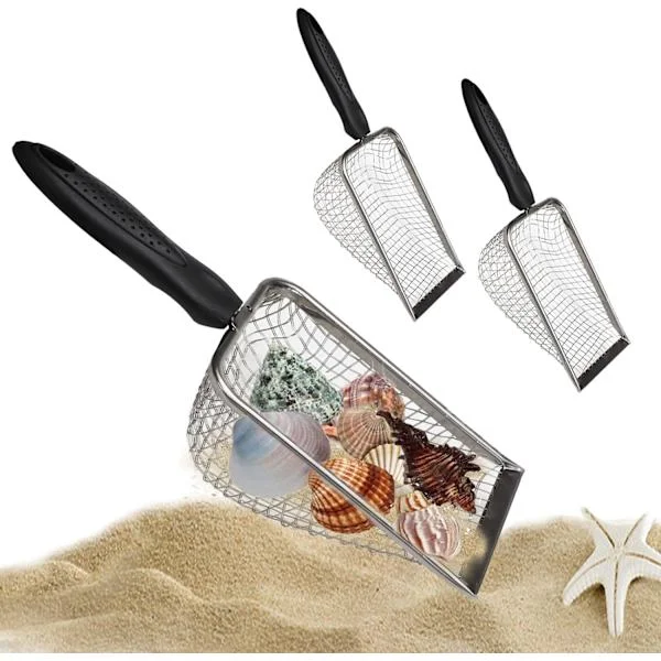 2 stk. strandspade i rustfritt stål med netting, metall haitann-sikt, svart håndtak, reptilsandscoop, strandskjellinnsamlingsverktøy