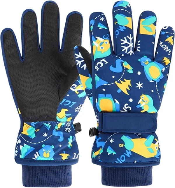 Kids Ski Gloves Winter Snow Gloves Waterproof Winter Warm Gloves for Snowboarding, Sledding, Dark Blue Sabertooth Tiger, S
