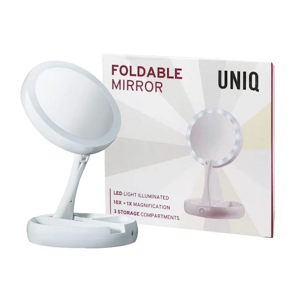 UNIQ foldbart makeup-spejl med LED-lys og 10x forstørrelse