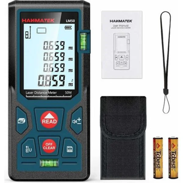 Hanmatek LM50 50m digital laseravstandsmåler, måler lengde / areal / volum / pytagoreisk teorem med LCD-bakgrunnsbelysning, IP54