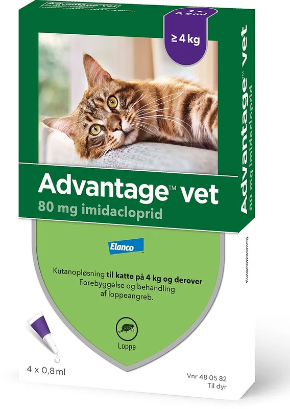 Advantage Vet Spot-on til Kat Kat 4 kg+ (4X0,8 ml), Medicin & Pleje, Flåter & Lopper, Flåt- Og Loppemiddel Til Katte