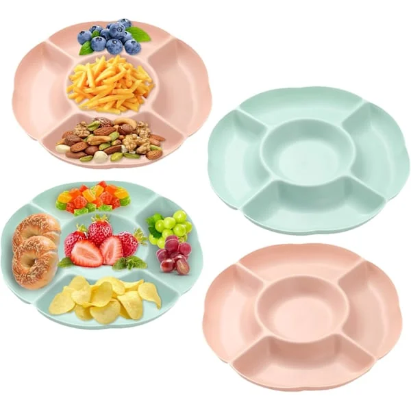 Serveringsfat & Uppläggningsfat Fackindelade Brickor med 5 Fack, 4-pack Serveringsfat för Fester, Återanvändbar Snacksbricka i Plast