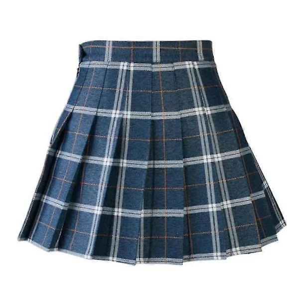 Women Girls Plaid Skirt High Waist Pleated A-Line Fashion Uniform Skirt with Inner Shorts Blue XXL