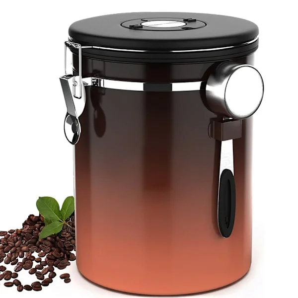 Coffee Container - Coffee Can - 1.8L - Coffee Storage Jar - Coffee Storage Jar - Airtight Coffee Container with CO2 Exhaust - Wood Gr brown