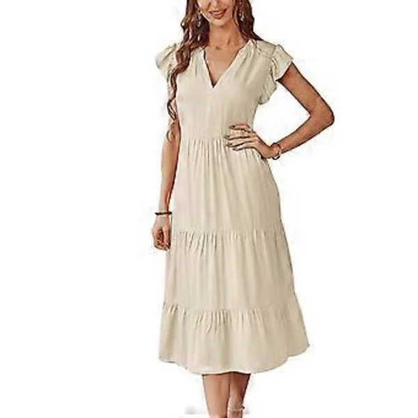 Women's Casual V-Neck Midi Dress with Ruffle Sleeve, A-Line Solid Color Summer Dress with Ruffles