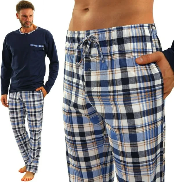 Sesto Senso herrpyjamas 100 % bomull långärmad + pyjamasbyxor nattkläder - 2188/17 marinblå - L
