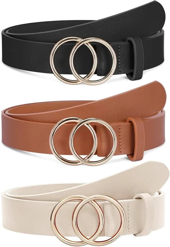 Leather Belts for Women for Jeans, Dresses, Pants, Fashion Waist Belt for Ladies with Gold Buckle, 3-Pack
