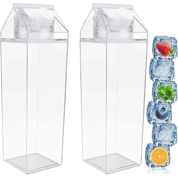 Milk Carton Water Bottle, 2-Pack 1000ML Portable Square Cute Clear Water Bottle with Screw Cap, Drinking Bottle (1000ML)